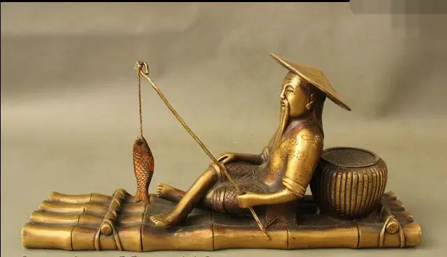 

8" Folk Chinese Bronze Old Man God Fisherman Angler Sit Bamboo Raft Statue