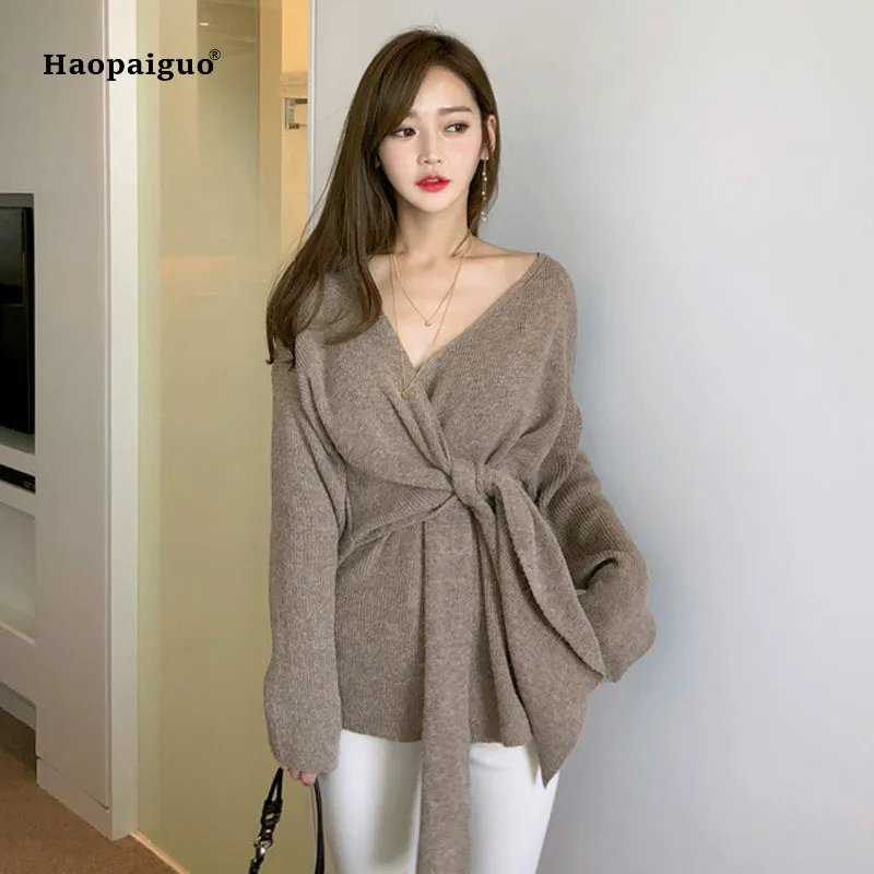 

Autumn Women Winter Fashion Coats 2018 Gray Khaki Full Sleeve V-neck Boho Sexy Casual Club Sweater Coat Ladies Outwear Coats