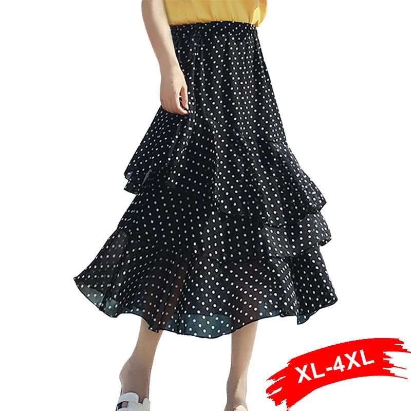 

Plus Size Summer Bohemian Polka Dotted Layered Ruffles Skirts 4Xl 3Xl Asymmetrical Ruffled A-Line Chiffon Beach Ankle Long Skirt