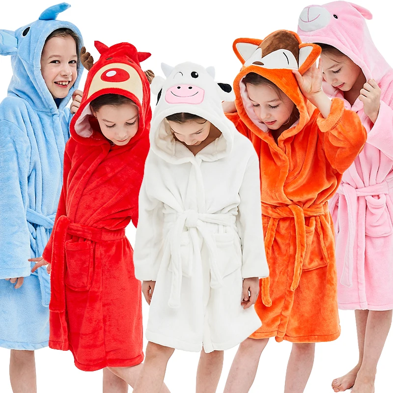 Baby Kids Boys Girls Flannel Pajamas Hooded Bath Robe Sleepwear Dressing Gown