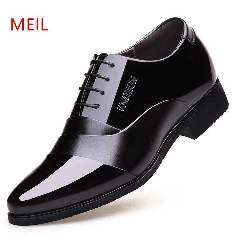 Height increasing 6CM Pointed Toe Formal Men Dress Shoes Patent Leather Wedding Shoes for Men Elegant Black Leather Shoe