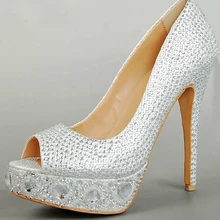 Silver Peep Toe Gem Diamond Wedding Shoes Bridal Shoes Bridesmaid Party Prom Shoes Size Custom Made