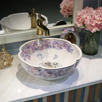 

China Classic Painting Antique Ceramic Wash Basin Bathroom Sink hand wash basin butterfly pattern flower shape