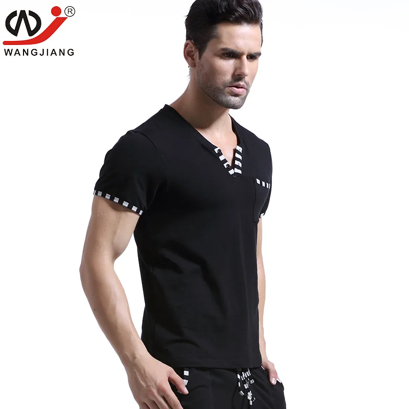 WJ/брендовая Летняя мужская модная повседневная Хлопковая пижама, Мужская удобная домашняя одежда с v-образным вырезом и короткими рукавами(только топ - Цвет: black