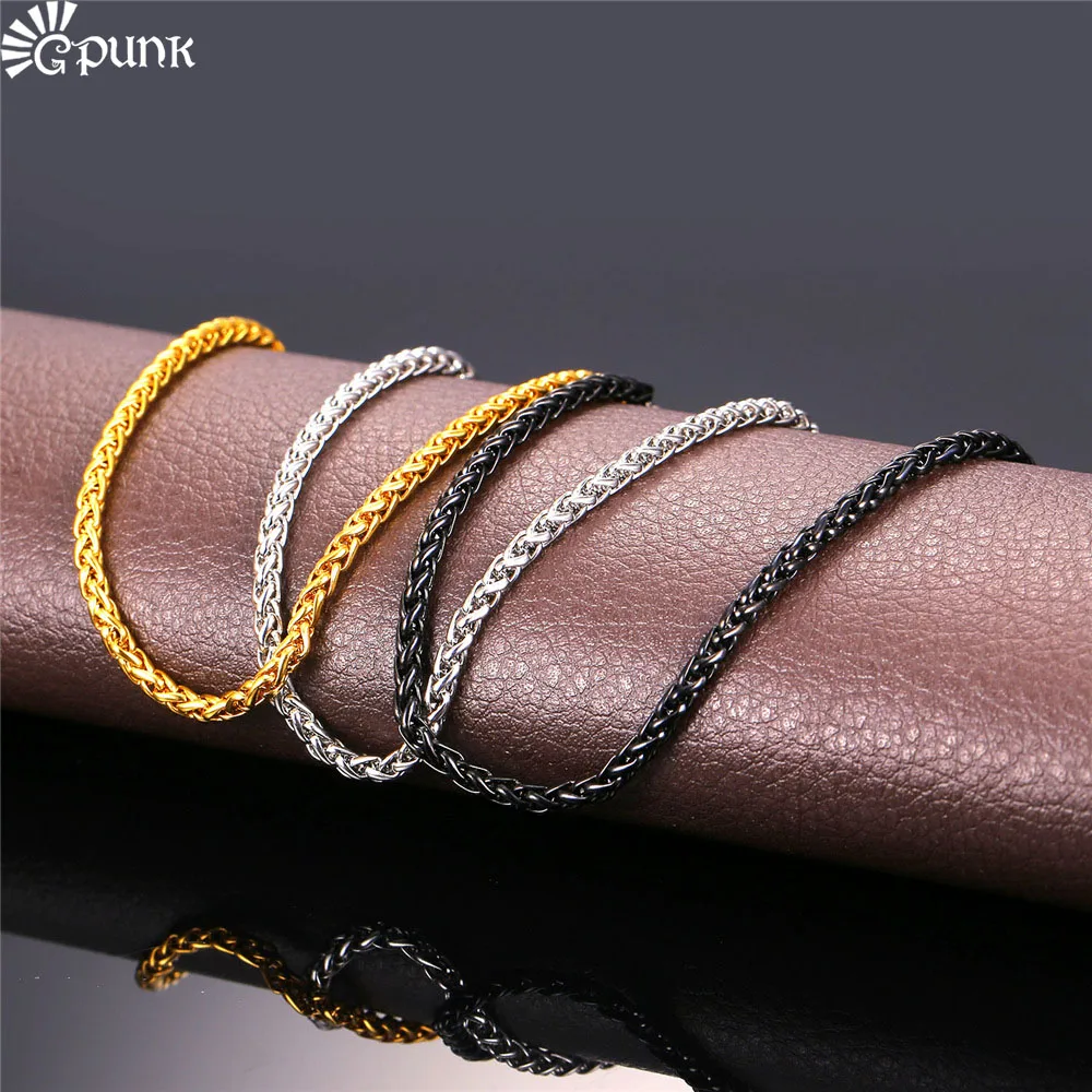 

Hiphop Style Men Wheat Chain Necklace 2016 Men Jewelry 3mm Women Necklace Stainless Steel Chain yellow Gold color N2163G