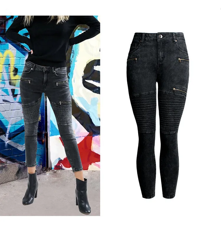 Джинсы с высокой талией, плиссированные, на молнии, декорированные, эластичные, тянущиеся, обтягивающие джинсы, Femme, длиной до икры, женские модные, черные джинсы