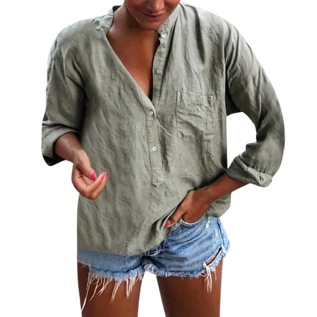 

Plus Size 2XL Women Cotton Linen Blouse Solid V Neck Long Sleeve Buttons Pockets Autumn Feminina Blusas Summer Loose Shirt