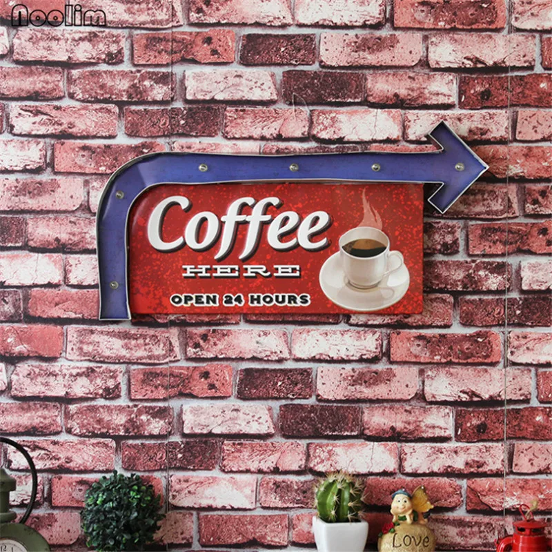 

NOOLIM LED Sign Vintage Cafe Shop Decorative Neon Light Home Decor Metal Plate For Wall Retro Coffee Plaque Cafe Wall Decoration