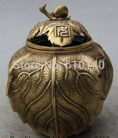 

6' Marked Chinese Brass Leaf Snail foliage leafage leaves Incense Burner Censer