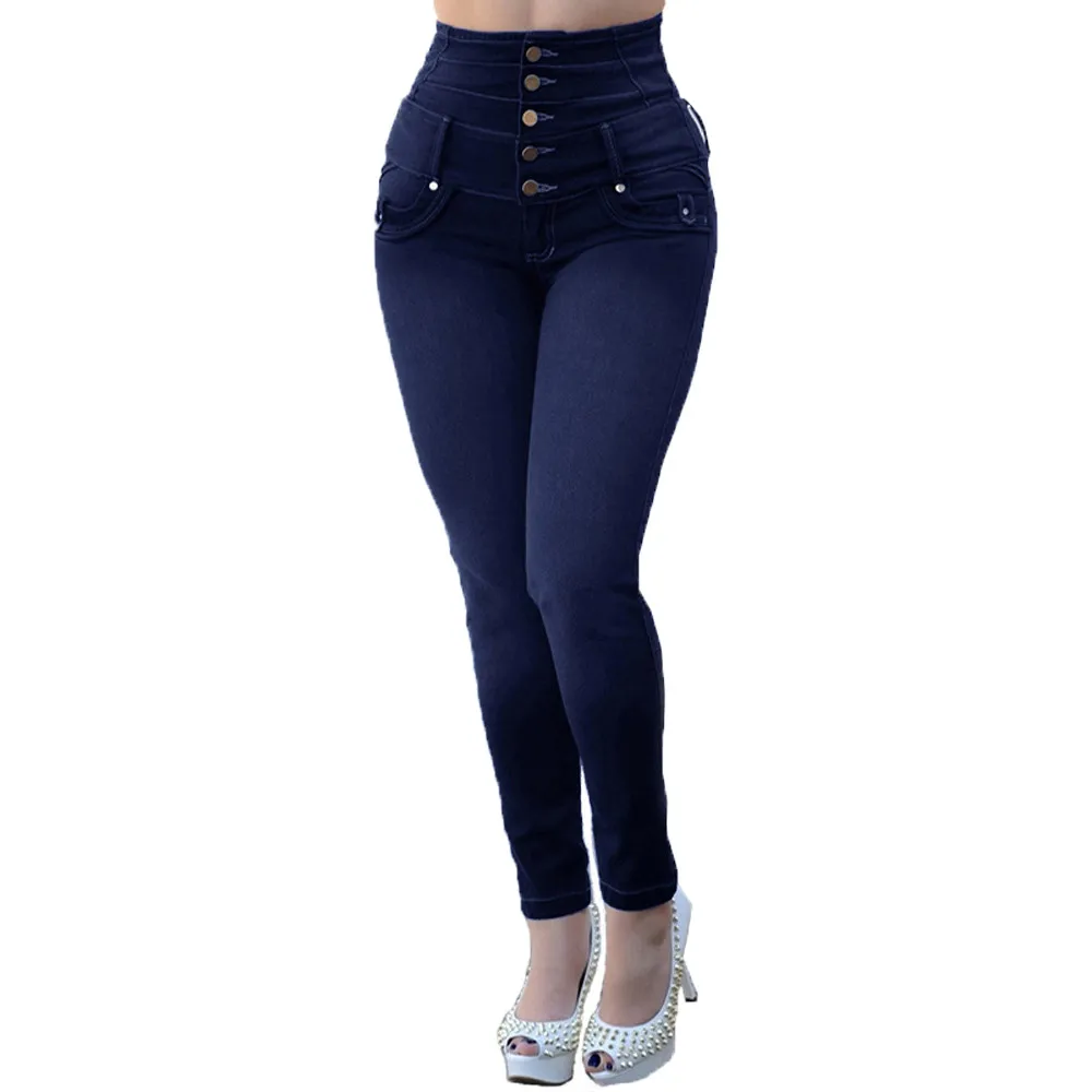 

CHAMSGEND 2019 Women's High Waist Five Button Wide Waist Jeans Fashion Skinny Jeans Stretch Slim Pants Calf Length Jeans Fe6