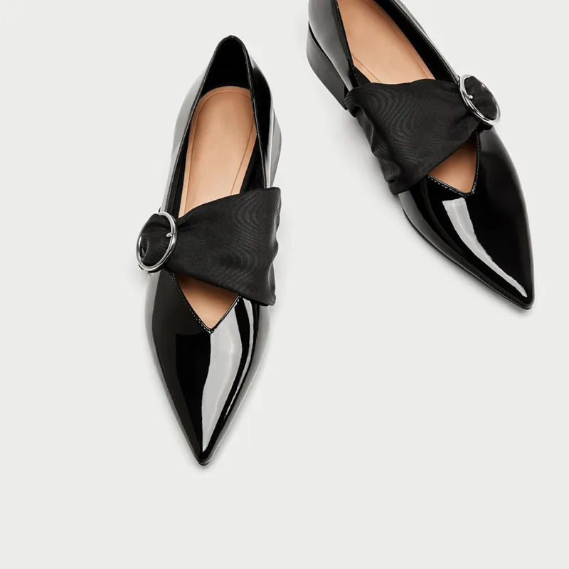

European patent leather pointed ballet shoes black flat shoes V-shaped opening round buckle shallow mouth women's shoes
