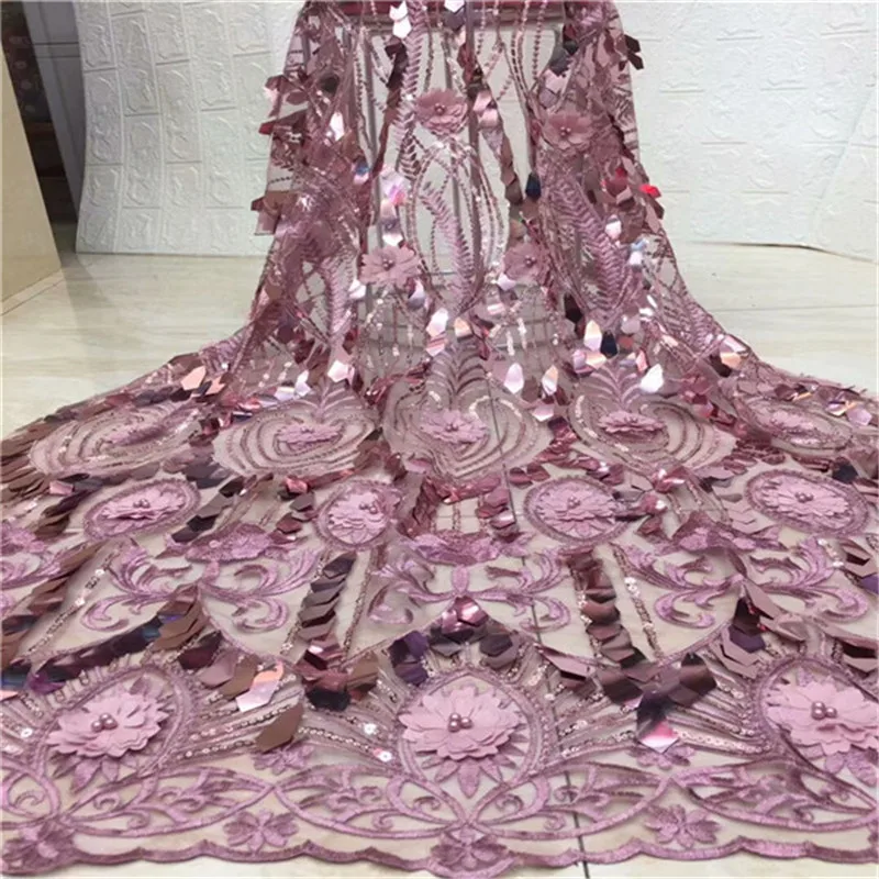 

2019 high quality French Nigerian sequins net lace pink African tulle mesh sequence lace fabric for party dress 5yards/lot