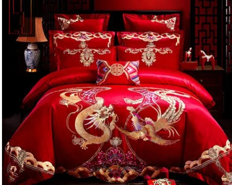 Десять наборов больших красных хлопковых вышитых свадебных постельных принадлежностей из чистого хлопка с вышивкой - Цвет: 24