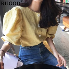 RUGOD Vintage sólido mujer blusa de moda de un solo pecho Oficina señoras camisas coreano elegante Puff sleve camisetas amarillas y blusas