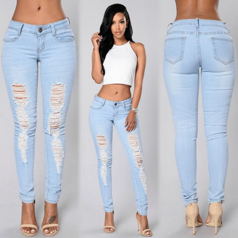 

Blue Mid Waist Push Up Jeans Women Stretch Ripped Hole Denim Girls Pants Femme Cotton Skinny Sexy Trousers Ladies Female