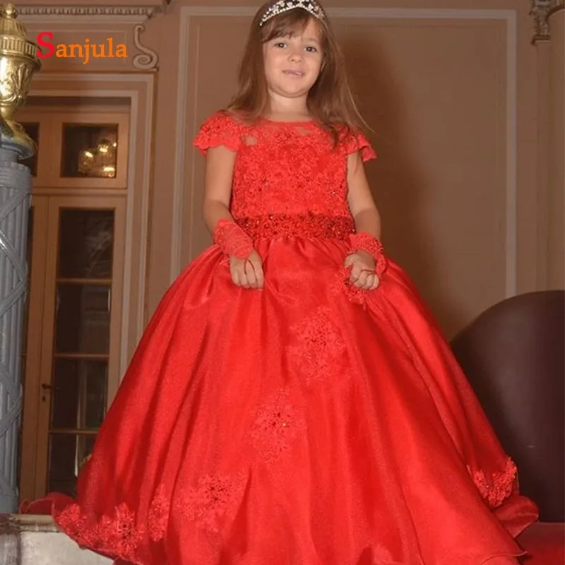 Красный бальное платье для девочек праздничные нарядные платья с рукавами-крылышками, с аппликацией вышитое блестящим бисером