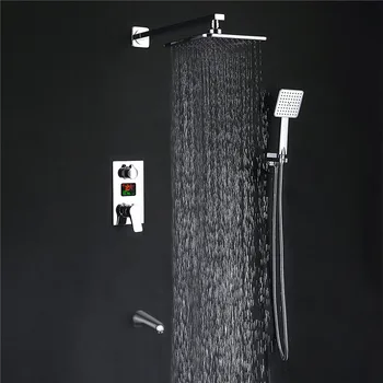 

LED Digital Display Wall Mount Bathroom Rain Mixer Shower Set Three Ways Shower System with Luxury Rainfall Shower Head