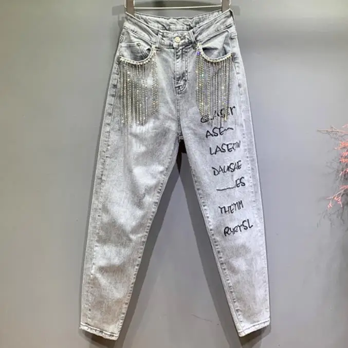 Женские джинсы с вышивкой в виде букв и бриллиантов, новинка весны, модные прямые джинсы с высокой талией дымчатого серого цвета - Цвет: gray