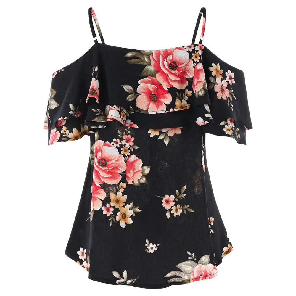 

Womail T-shirt Women's Casual Tops Floral Printing Off Shoulder Sleeveless Ruffles T-shirt For Ladies Dropship May16 Camiseta