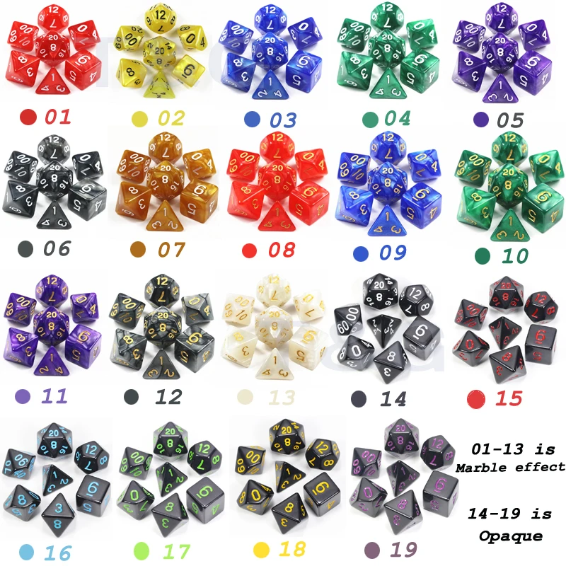 

19 Color for choose 7PCS/set Polyhedron Dados D&D Marbled Effect Opaque D4 D6 D8 D10 D10% D12 D20 Boardgame
