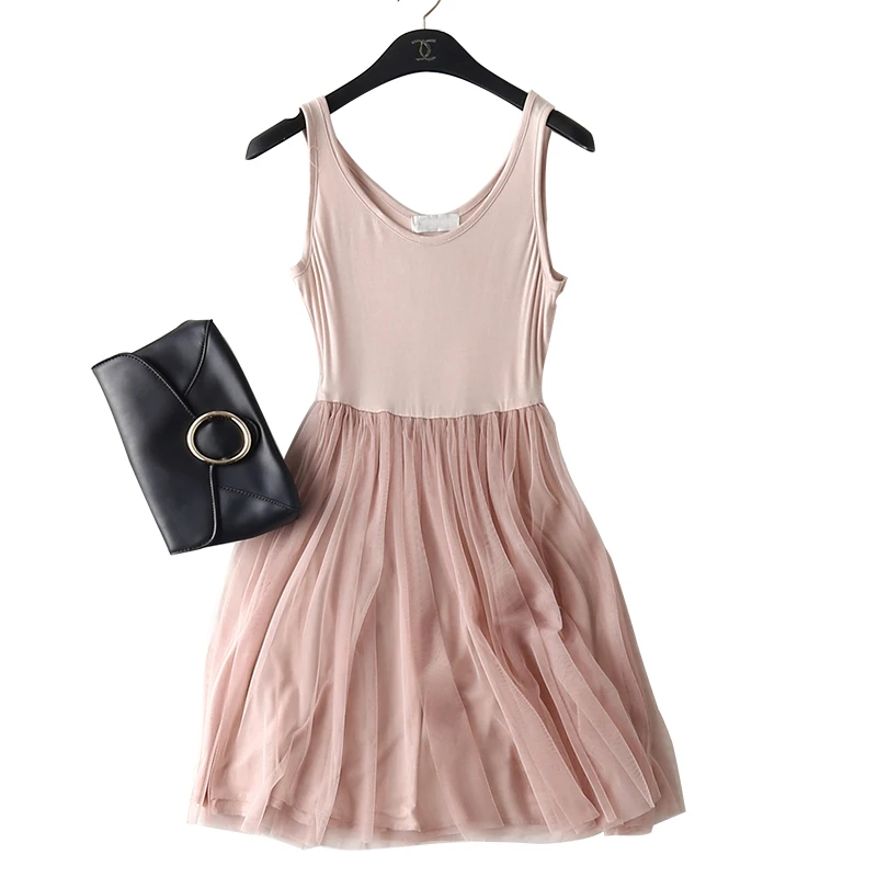 

Spring Summer Sexy Modal Patchwork Mesh Dress Women Vintage Lace Gauze Tank Dress High Waist Basic Sundress Party Vestidos SF592