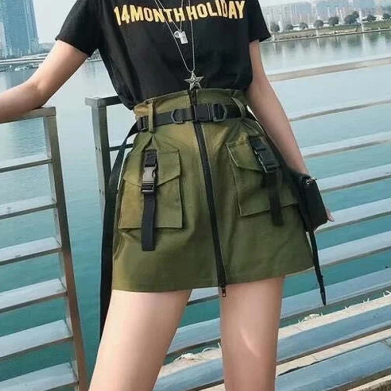

Casual Women High Street Style A-line Mini Skirt with Balck Sashes American Summer Front Zipper Design Casual Pocket Mini Skirt