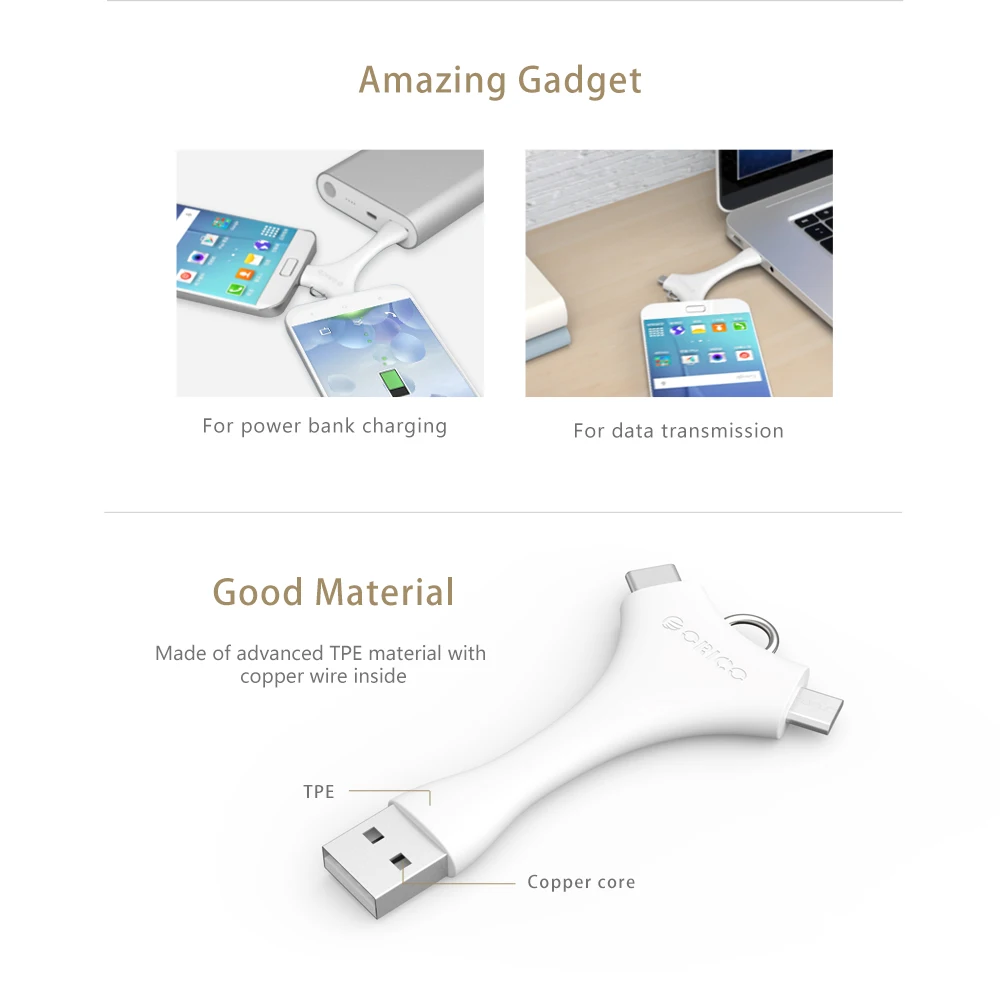 ORICO C1 2 в 1 USB кабель с двумя портами Micro B + Type C портативный для зарядки и