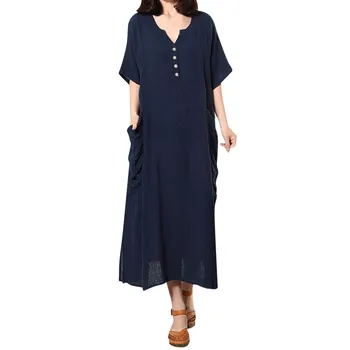 

Plus Size Dress Straight Summer Solid Button Tunic Baggy Dresses Mid-Calf Causal Loose Dress Short Sleeve V-Neck Sukienki