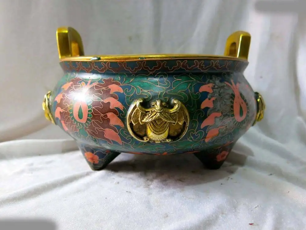 

26 cm China bronze gold Cloisonne pattern Bat Two ears censer Incense Burner
