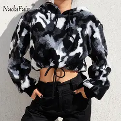 Nadafair камуфляж с длинным рукавом Cropped Hoodie Для женщин короткие осень-зима толстовка с капюшоном из искусственного меха Fluffly Толстовка