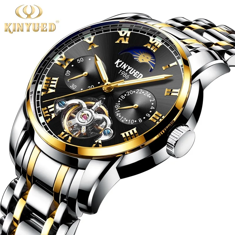 Relogio Masculino KINYUED, мужские часы, Лидирующий бренд, Роскошные автоматические механические часы, мужские полностью стальные деловые водонепроницаемые спортивные часы - Цвет: Gold Silver Black