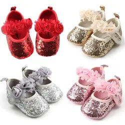 Милая детская обувь для девочек принцессы хлопковая обувь с блестками и цветком для кроватки мягкая детская обувь для первых шагов