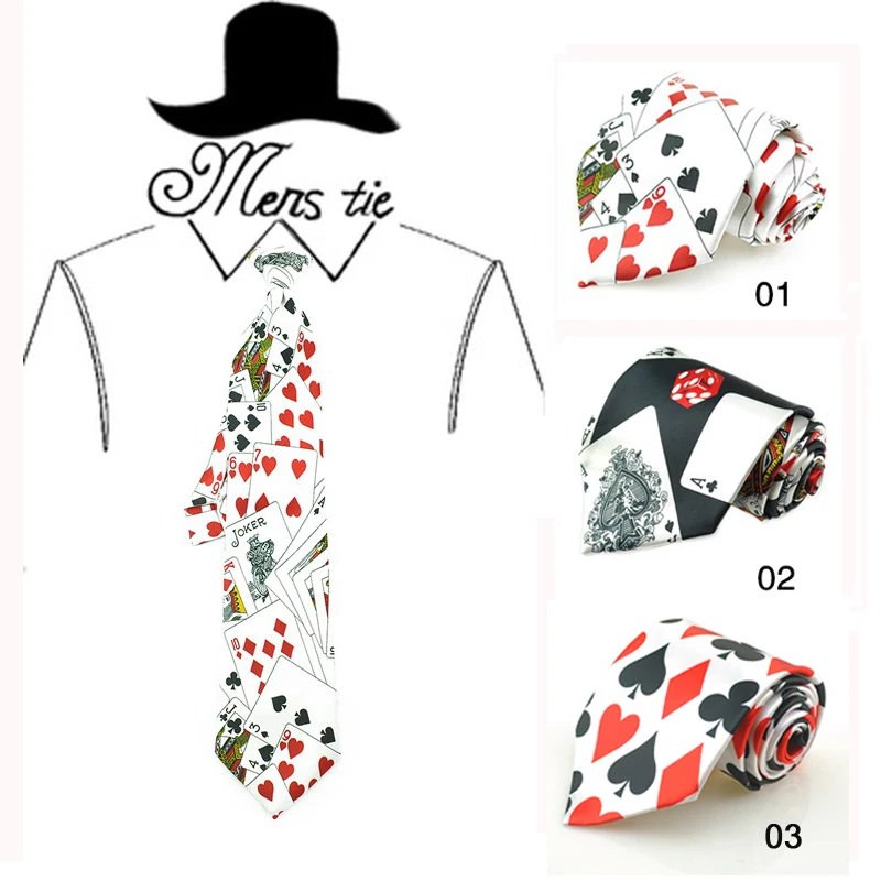 

Man's Funny Neckties Polyester 4inch width 3 parrterns of playing card/poker white Black Mix Neckties Gravatas Party Wedding Tie