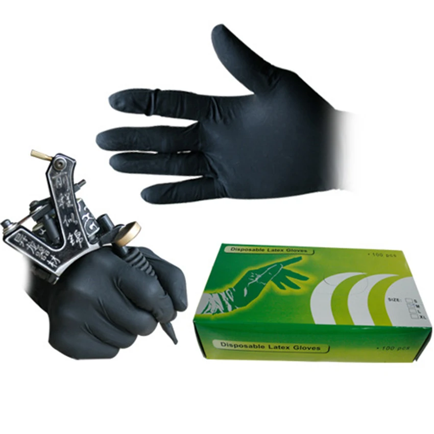 L size 100Pcs Disposable Tattoo Black Latex Gloves For Tattoo Gun