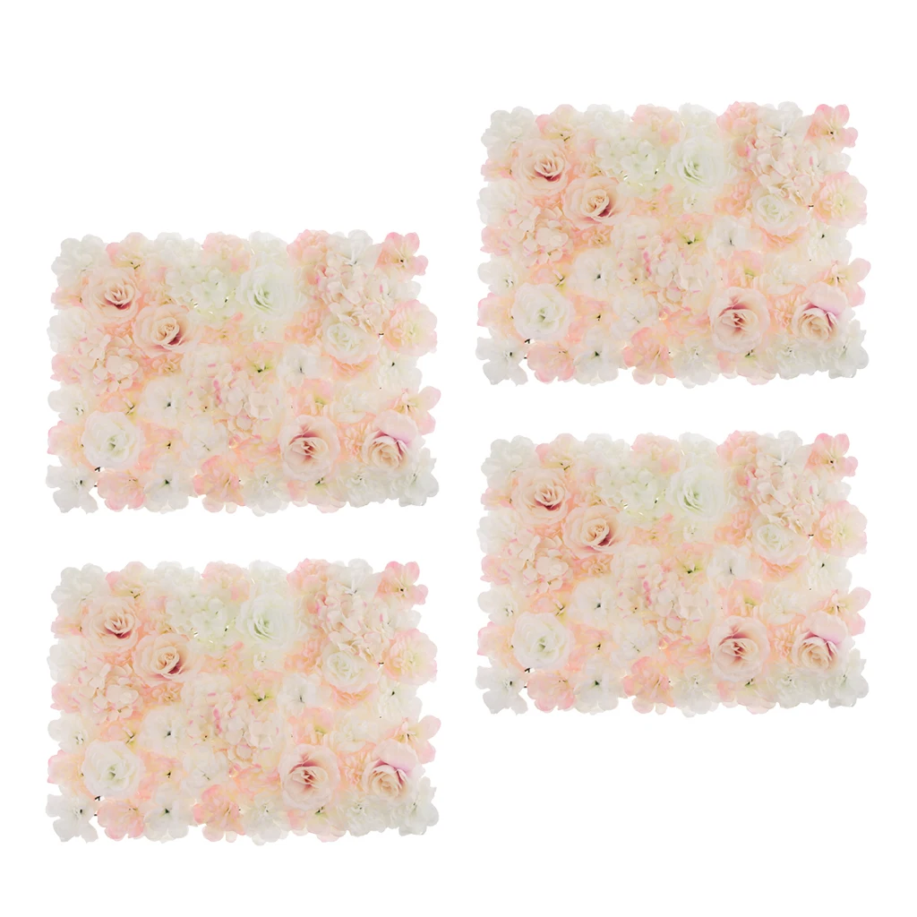Pieces of 4 High Quality Artificial Silk Flower Wall Panel Wedding Backdrop 45x 60cm White And Champagne