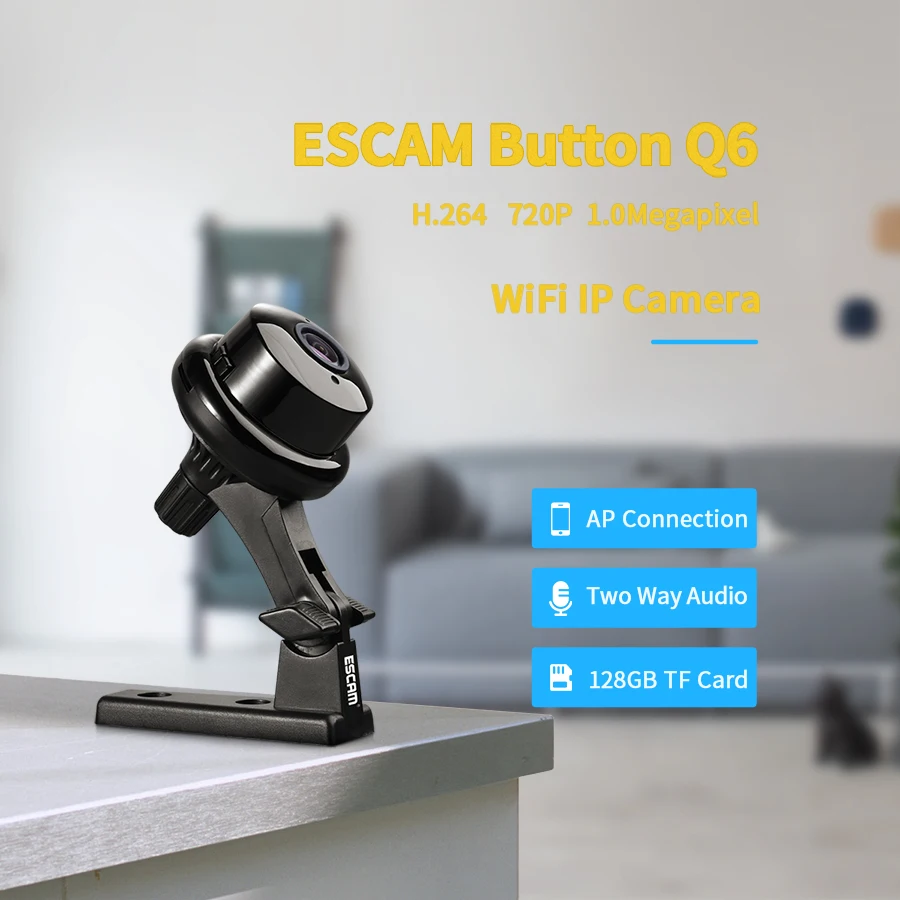 

Escam Button Q6 1MP wireless Mini Camera ONVIF Support Mobile View Motion Detector and Email Alarm up to 128G SD card