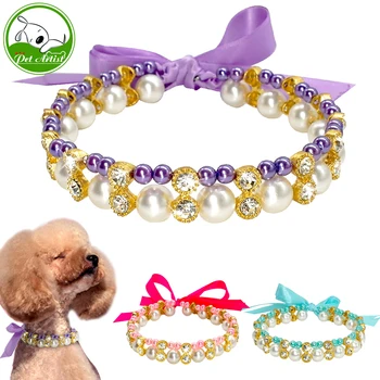 

2 Row Fashion Pearl Puppy Dog Necklace Jeweled Rhinestone Cat Collar Crystal Diamante Charm Pet Accessory With Bow Tie Pink