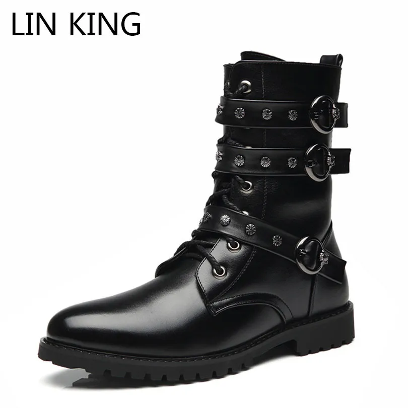 

LIN KING Warm Men Pu Leather Winter Western Boots Retro Zipper Motorcycle Boots Punk Rivets Army Boots High Top Man Martin Botas