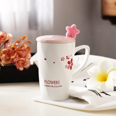 OUSSIRRO розовая вишня Цветущая керамика кофейная Крышка для кружек и ложек с подарочной коробкой Свадебный домашний офис необычный подарок для чайной поилки - Цвет: NO Gift box