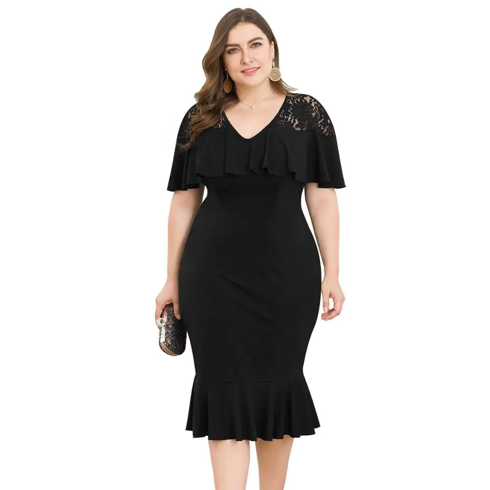 

WHZHM Plus Size 3XL 4XL Black Lace Patchwork Dress Women Ruffles Wrap Trumpet Deep V-Neck Short Flare Sleeve High Waist Dresses