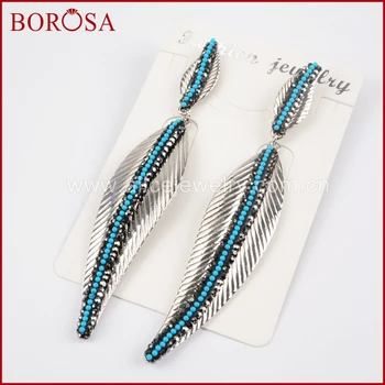 

BOROSA Silver Long Leave Dangle Earrings Rhinestone Gems With Blue Zircon Stone Paved Drop Earrings for Women Jewelry JAB776