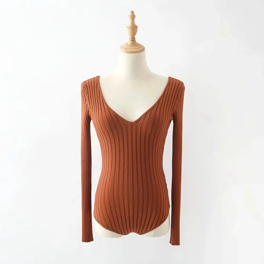 bodysuit women Women Double V Neck Ribbed Knit Bodysuit with Long Sleeve shapewear bodysuit Bodysuits