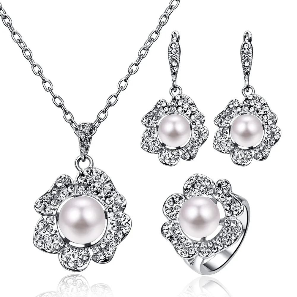 Fashion Crystal Flower Jewelry Sets For Women Luxury Jewelry Silver Color Big Pearl Pendant