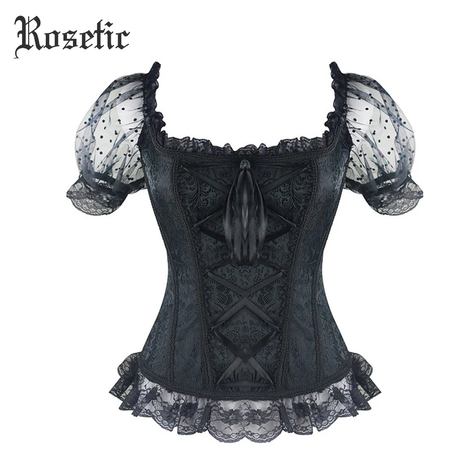 Rosetic Gothic Style Intimates Retro Embroidery Lace Bustier Short Sleeve Bandage Bow Vintage Slim Sexy Black Bustiers & Corsets