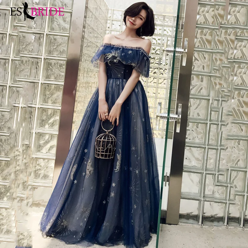 2019 Royal Blue Evening Dresses Long Party Princess Evening Dresses Luxury Starry Sky Elegant Special Occasion Dresses ES2414