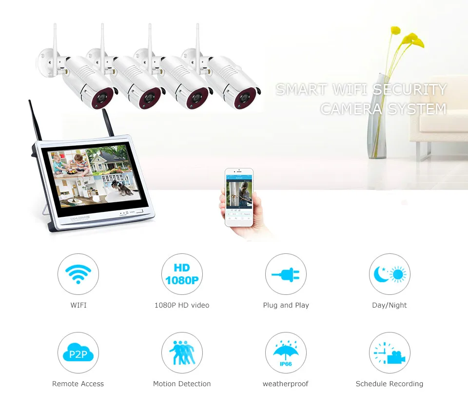 4CH CCTV Системы Беспроводной 1080 P 12 "Сетевой видеорегистратор LCD безопасности Камера Системы 1080 P IR уличная P2P Wi-Fi IP Камера комплект