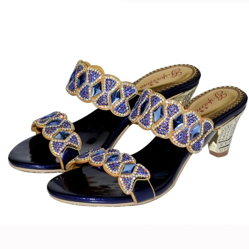 

Bling Bling Ladies Sandals Open Toe Chunky Middle Heel Slippers Party Sandal Blue Rhinestone Gorgeous Wedding Party Shoes