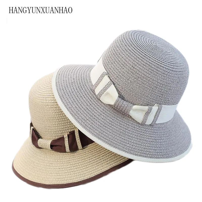 

2019 New Summer Foldable Wide Brim Beach Women Sun Straw Hat Elegant Cap For Women UV Protection Bow Straw Hats Girls Hot