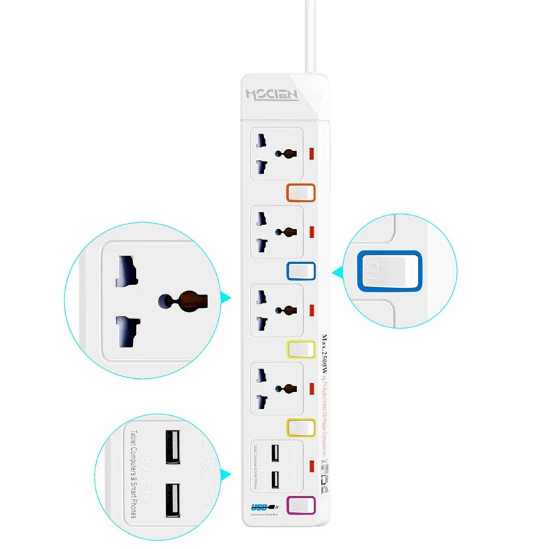 Удлинитель для путешествий с USB силовой полосой Защита от перенапряжения 1,8 м шнур Международный Универсальный 4 индивидуально переключаемый ЕС штекер