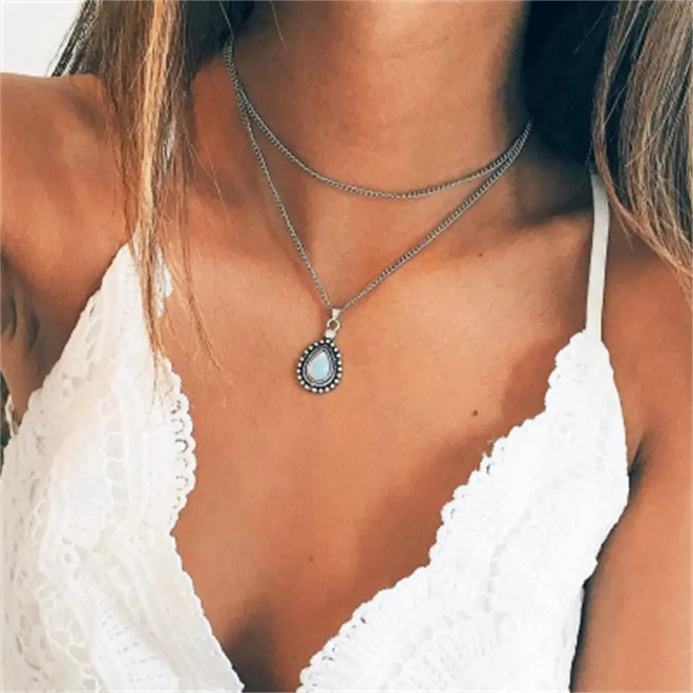 Модное ретро ожерелье с двойной роговой цепочкой, Двухслойное ожерелье в стиле бохо, ювелирное изделие, простой подарок для девушки - Окраска металла: silver